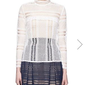 Self Portrait White Contrast Lace Panelled Top Blouse
